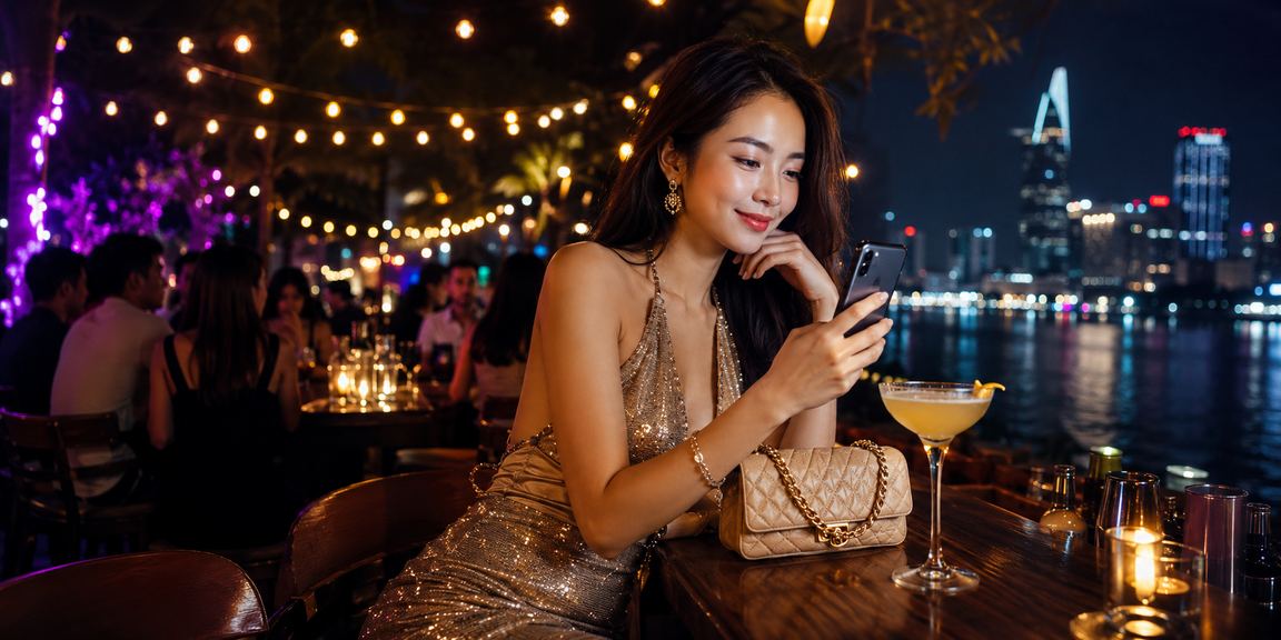 Người dùng Sài Gòn kiểm tra tiền thưởng cashback trên điện thoại tại bãi biển